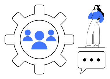Mavi takım simgeleri bir dişli içinde, beyaz pantolonlu insan düşünüyor, üç noktalı konuşma balonu. Takım çalışması, beyin fırtınası, iletişim, problem çözme, strateji, proje yönetimi yeniliği için ideal
