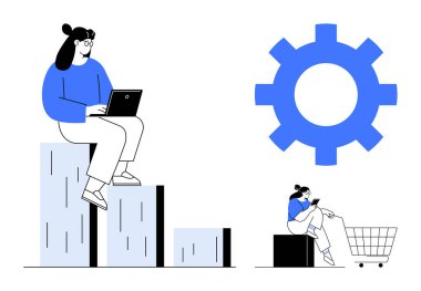 Bar grafiğinde dizüstü bilgisayarlı oturan, telefonu büyük vites tekerleğinin altında alışveriş arabasında olan biri. Ticari büyüme, teknolojik yenilik, çevrimiçi alışveriş, veri analizi, ilerleme, pazarlama için ideal