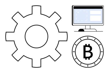 Vites sembolü, bilgisayar monitörü görüntüleme arayüzü, kriptoyu temsil eden Bitcoin para, otomasyon, teknoloji, dijital para birimi, finansal sistemler, yazılım geliştirme, engelleme zinciri, modern