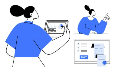 Bir tabletteki finansal verileri analiz eden, fikirleri tartışan ve ödemeleri internetten yapan bir kadın. İş stratejisi, mali yönetim, teknoloji kullanımı, çevrimiçi işlemler, uzaktan çalışma için ideal