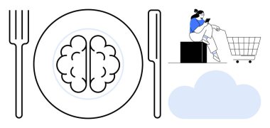 Çatal ve bıçaklı beyin, alışveriş arabası olan insan, bulut. Beslenme, akıl sağlığı, tüketici alışkanlıkları, sağlık, farkındalık teknolojisi bulut depolama için idealdir. Soyut satır düzlüğü