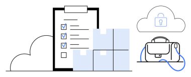 Checklist on clipboard with check marks, beside stacked boxes, connected to a cloud with a lock symbol, and a briefcase. Ideal for logistics, inventory, supply chain, e-commerce, cloud storage, data clipart