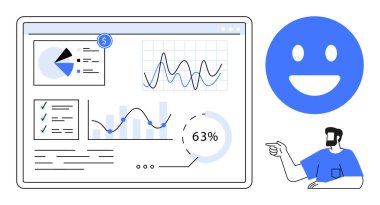 Grafikleri, grafikleri, finansal analizleri ve ilerleme takibini gösteren bir iş paneli. Veri analizi, mali raporlama, iş stratejisi, piyasa araştırması ve performans izleme için ideal
