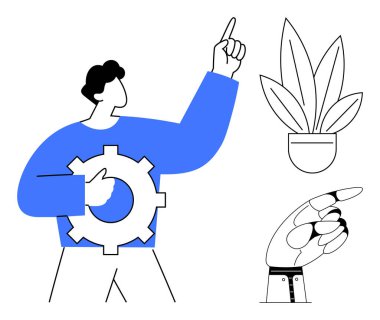 Teçhizatı yukarı doğru tutan kişi, mekanik el sağ tarafı işaret eden, yapraklı saksı bitkisi. Yaratıcılık, yenilik, takım çalışması, büyüme, strateji ve problem çözme teknolojisi için ideal