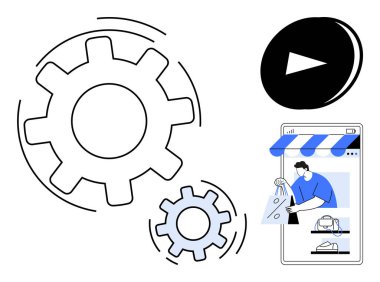 Birbirine kenetlenmiş iki vites, çevrimiçi alışveriş görselleri olan bir akıllı telefon ve bir oyun tuşu. E-ticaret, otomasyon, teknoloji, alışveriş, dijital pazarlama, gelecekteki verimlilik eğilimleri için ideal