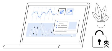 Bilgisayarda grafikler, çubuk grafikleri ve veri analizleri var. Kilit simgesi de siber güvenliği gösteriyor. Veri güvenliği, analiz, iş dünyası, teknoloji endüstrisi, finansal analiz, çevrimiçi güvenlik için ideal
