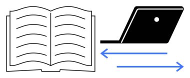 Yatay çizgileri olan açık bir defter, yanında da bir dizüstü bilgisayar var. Kitap ve dizüstü bilgisayar arasındaki iki ok etkileşimi, bilgi transferini veya dijital dönüşümü simgeler. Eğitim ve e-öğrenim için ideal