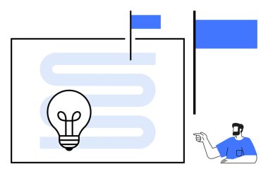 Dolambaçlı yolda ampul, ilerleme noktalarını gösteren iki bayrak, işaret eden biri. Yenilik, planlama, hedefler, başarılar, strateji odaklı yolculuk için idealdir. Soyut çizgi düz metafor