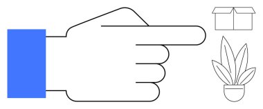 Bir kutuyu ve saksı bitkisini işaret eden bir el. Seçenekleri ve yönü vurguluyor. Karar verme, yön bulma, öncelik sıralaması, seçim, rehberlik ve tercih karşılaştırması için ideal. Basit.