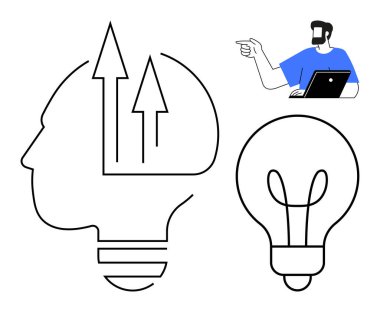 Gelişmeyi ve fikirleri temsil eden yukarı doğru okları olan insan kafası profili, yeniliği sembolize eden bir ampul ve dizüstü bilgisayarı işaret eden bir kişi. Yaratıcılık, büyüme, yenilik ve eğitim için ideal