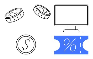 Bozuk paralar bilgisayar ekranının yanında indirimli biletle uçar. E-ticaret, tasarruf, bütçe, dijital pazarlama, finans teknolojisi, online alışveriş, nakit ödeme anlaşmaları için ideal. Soyut çizgi düz metafor