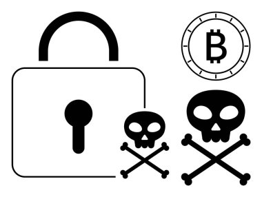 Bir asma kilit, Bitcoin sembolü ve dijital tehditleri ve güvenlik risklerini gösteren iki kafatası ve çapraz kemik simgesi. Siber güvenlik, veri koruması, mali güvenlik, engelleme zinciri, çevrimiçi güvenlik için ideal
