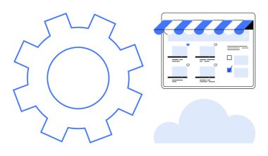 Altında bir bulut simgesi bulunan çevrimiçi bir mağaza arayüzünün yanında vites. E-ticaret kurulumu, dijital pazarlama, bulut hizmetleri, entegrasyonlar, ürün yönetimi, web sunuculuğu ve perakende satış için ideal
