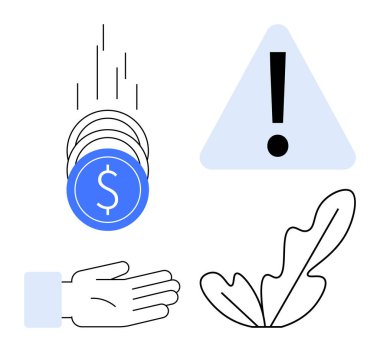 Madeni ödülleri ve riskleri gösteren açık bir el içine bozuk paralar düşer. Yanında bir üçgen şeklinde bir ünlem işareti ve büyüme için bir yaprak var. Finans, ihtiyat ve büyüme için ideal