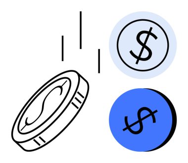 Dolar işaretli, mavi ve açık mavi halkalar şeklinde yazı tura. Finans, yatırım, belirsizlik, kumar, karar verme, risk yönetimi, şans kavramları için idealdir. Soyut çizgi düz metafor