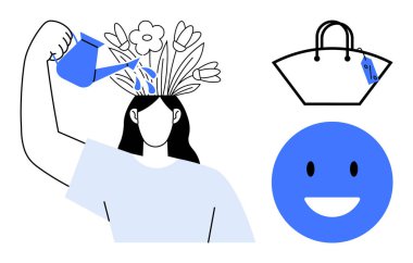 Kafasından büyüyen çiçekleri mavi sulama ile sulayan kadın, kişisel gelişimi sembolize edebilir. Mavi çantalı, etiketli ve gülümseyen mutlu yüzlü mavi daire. Kişisel bakım ve kişisel gelişim için ideal