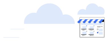 Çevrimiçi mağaza arayüzü mavi çizgili tente ile stilize bir bulut altında, e-ticaret ve bulut entegrasyonu vurgulanıyor. Çevrimiçi perakende satış, bulut sunucu, dijital pazarlama, web tasarımı, küçük