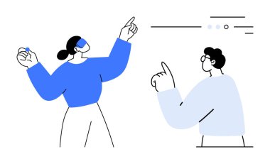 İki stilize figür bir beyin fırtınası oturumunda, soyut fikirleri ele alıyor ve tartışıyorlar. Takım çalışması, beyin fırtınası, modern ofis, işbirliği, uzaktan çalışma, iletişim, proje için ideal