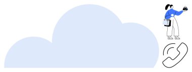 Telefonla selfie çeken bir kadın, bulut bilgisayarı ve depolamayı temsil eden büyük bir bulut. Telefon ikonu iletişimi sembolize eder. Teknoloji, sosyal medya, bağlantı, bulut hizmetleri, veri için ideal