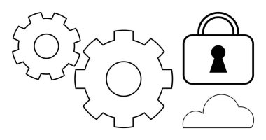 İki vites, anahtar delikli bir asma kilit ve bulut elementi. IT güvenliği, bulut bilgisayarı, veri koruması, sistem entegrasyonu, ağ işletim verimliliği güvenli teknoloji için idealdir. Çizgi