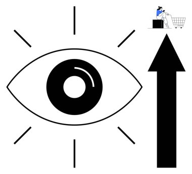 Işıldayan çizgileri olan göz, yukarı doğru ok, insan alışverişi. Büyüme stratejisi, müşteri odağı, vizyon, piyasa araştırması, iş planlama analizleri ve ekonomik eğilimler için idealdir. Soyut satır düzlüğü