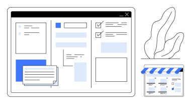 Kontrol listeleri, uyarıları, yan menüleri ve yaprak aksanlı bir mağaza simgesi içeren bir görev yönetim paneli gösteren dijital arayüz. İş için ideal, üretkenlik, işlemler, iş akışı
