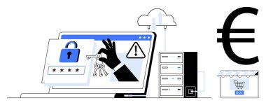 Güvenli giriş, el ele tutuşmalar, bulut hesaplama simgesi, sunucular, alışveriş arabası ve avro sembolünü gösteren dizüstü bilgisayar. Siber güvenlik, e-ticaret, veri koruma çevrimiçi ödemeler için ideal