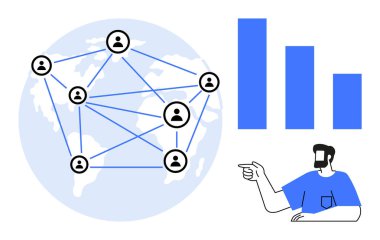 Bir dünya haritası, çubuk grafik ve şekil diyagramı üzerinde birbirine bağlı düğümler. Ağ oluşturma, küresel iletişim, veri analizi, takım çalışması, bağlantı ve bilgi paylaşımı için ideal