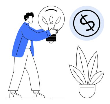 İnsan büyük bir ampul tutar, fikirleri sembolize eder. Yakınlarda, bir çember içinde dolar işareti ve saksı bitkisi. Yenilik, finans, büyüme, tasarruf eko-dostluk yaratıcılık sürdürülebilirliği için idealdir. Modern