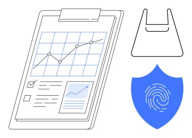 Grafik ve belgeli pano, alışveriş poşeti ikonu, parmak izli güvenlik kalkanı. İş stratejisi, veri güvenliği, sürdürülebilirlik, analitik, denetim süreçleri, güvenlik için ideal