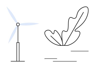 Wind turbine alongside a large leaf with flowing lines evokes ideas of sustainability and nature conservation. Ideal for environmental awareness, renewable energy, eco-friendly practices, green clipart