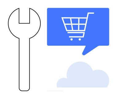 Üzerinde bir bulut sembolü olan alışveriş arabası simgesi bulunan mavi konuşma baloncuğunun yanına geç. E-ticaret, çevrimiçi alışveriş, bulut hizmetleri, bakım, teknik destek, dijital pazarlama, perakende satış için ideal