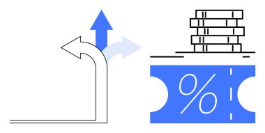 Oklar, yüzdelik işaretli mavi bir kuponun üzerine istiflenmiş paraların yanında üç yönü gösteriyor. Mali kararlar, yatırım, indirimler, tasarruflar, para yönetimi, stratejik planlama için ideal