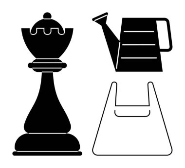 Satranç fili, sulama kutusu ve plastik poşet strateji, beslenme ve tüketici alışkanlıklarını çağrıştırıyor. Strateji, büyüme, sürdürülebilirlik, perakende bilinçli yaşam sorunu çözme kavramları için ideal