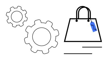 Mavi etiketli bir alışveriş çantasının yanında birbirine kenetlenmiş iki vites. E-ticaret, otomasyon, verimlilik, satın alma sistemleri, perakende teknolojisi, yenilik ve tüketici davranışları için ideal. Soyut