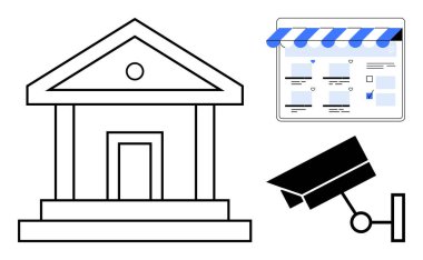 Banka binası, çevrimiçi vitrin, tente ve ürün listeleme, güvenlik kamerası izleme alanı. Finans, güvenlik, çevrimiçi iş, güvenlik, banka e-ticaret gözetlemesi için ideal. Soyut