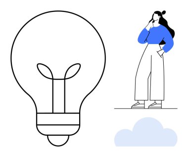 Kadın büyük ampul ve küçük bulutun yanında düşünceli bir şekilde poz veriyor. Yaratıcılık, ilham, yenilik, problem çözme, beyin fırtınası, fikir üretimi, tefekkür için ideal. Basit tasarım