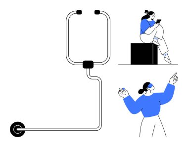 İki sağlık uzmanının olduğu steteskop, biri oturmuş tablet okuyor, diğeri de işaret ediyor. Tıbbi, sağlık, teletıp, mesleki eğitim, hasta bakımı ve sanal sağlık için ideal