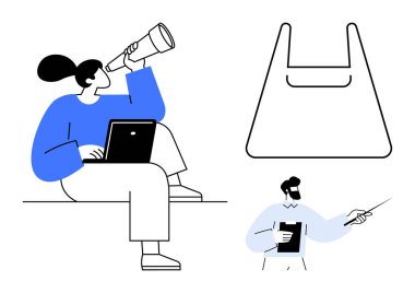 Teleskopu dizüstü bilgisayarın yanında tutan kişi, işaretli bir tablet daha, çantanın taslağı. Yenilik, keşif, eğitim, dijital araçlar, gelecekteki fırsatlar, mesleki öğrenim için ideal
