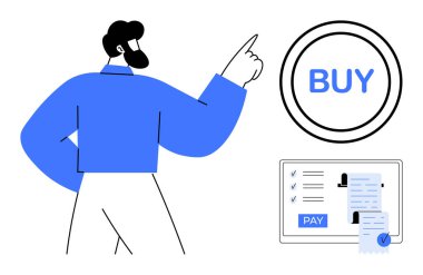 Satın alma düğmesini işaret eden kişi, satın alma eylemini simgeliyor. Yakınlarda, çevrimiçi bir işlem ekranında ödeme düğmesi ve makbuzlar yer alıyor. İnternet üzerinden e-ticaret, finansal işlemler için ideal