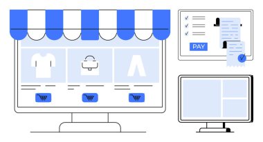 Monitörde giysi ve aksesuar simgeleriyle çevrimiçi mağaza önü, ödeme doğrulama ekranı ve e-ticaret alışveriş yolculuğunun adımlarını gösteren sipariş izleme ekranı. Perakende ve e-ticaret için ideal.