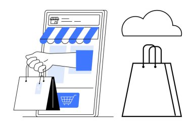 Çevrimiçi mağazası olan akıllı telefon ekranı, alışveriş torbaları, bulut depolama ikonu. E-ticaret, perakende uygulamaları, çevrimiçi pazarlar, dijital işlemler, internet güvenliği, bulut hizmetleri için ideal