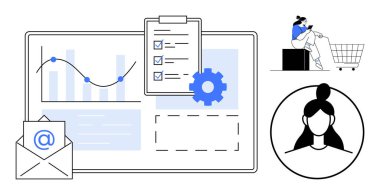 Satır ve çubuk verili grafikler, listeli pano, dişli, e- posta simgesi, alışveriş arabasının yanında oturan kadın, kullanıcı profili simgesi. İş analizi, verimlilik, çevrimiçi alışveriş kullanıcıları için ideal