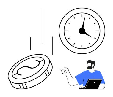 Dizüstü bilgisayarı ve büyük duvar saati olan bir adam, dikey olarak düşen bozuk para. Zaman yönetimi, üretkenlik, teslim tarihleri, mali planlama, iş verimliliği, iş hayatı dengesi, stratejik