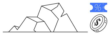 Siyah-beyaz geometrik dağ çizimi, mavi yüzdelik kupon ve dolar bozukluğuyla. Finansal büyüme, yatırım, tasarruf, indirimler, ekonomik eğilimler, karlılık, başarı için ideal