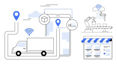 Delivery truck navigating route with location markers, tablet with logistics data, robotic arm in factory, cloud-based e-commerce system. Ideal for supply chain, smart logistics, IoT, automation clipart