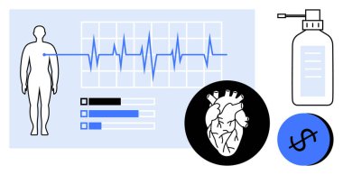 Human silhouette with heartbeat graph, progress bars, detailed heart, medical bottle, dollar sign. Ideal for healthcare, cardiology, medical costs, health tracking insurance wellness medical clipart