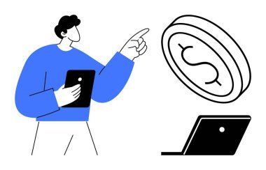 Elinde tablet tutan bir adam, dizüstü bilgisayarın yanındaki bozuk paraya bakıyor. Temalar için ideal İnternet bankacılığı, finans teknolojisi, e-ticaret, yatırım, mobil ödemeler, dijital para birimi