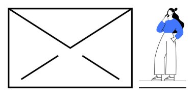 Büyük bir zarf ve mavi kazaklı bir kadın ve beyaz pantolon yansıtıyor. İletişim, mesajlaşma, e-posta hizmetleri, dijital yazışmalar, düşünceli içgözlem, çevrimiçi etkileşim, soyut