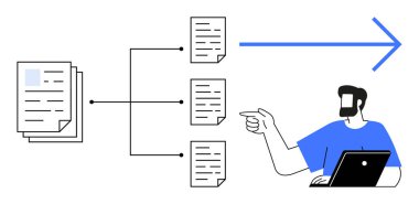 Bir dizüstü bilgisayar kullanan kişi, belgeleri kategorilere ayırmak için bir iş akış yapısına işaret eder. Üretkenlik, otomasyon, belge yönetimi, iş akışları, iş süreci için ideal